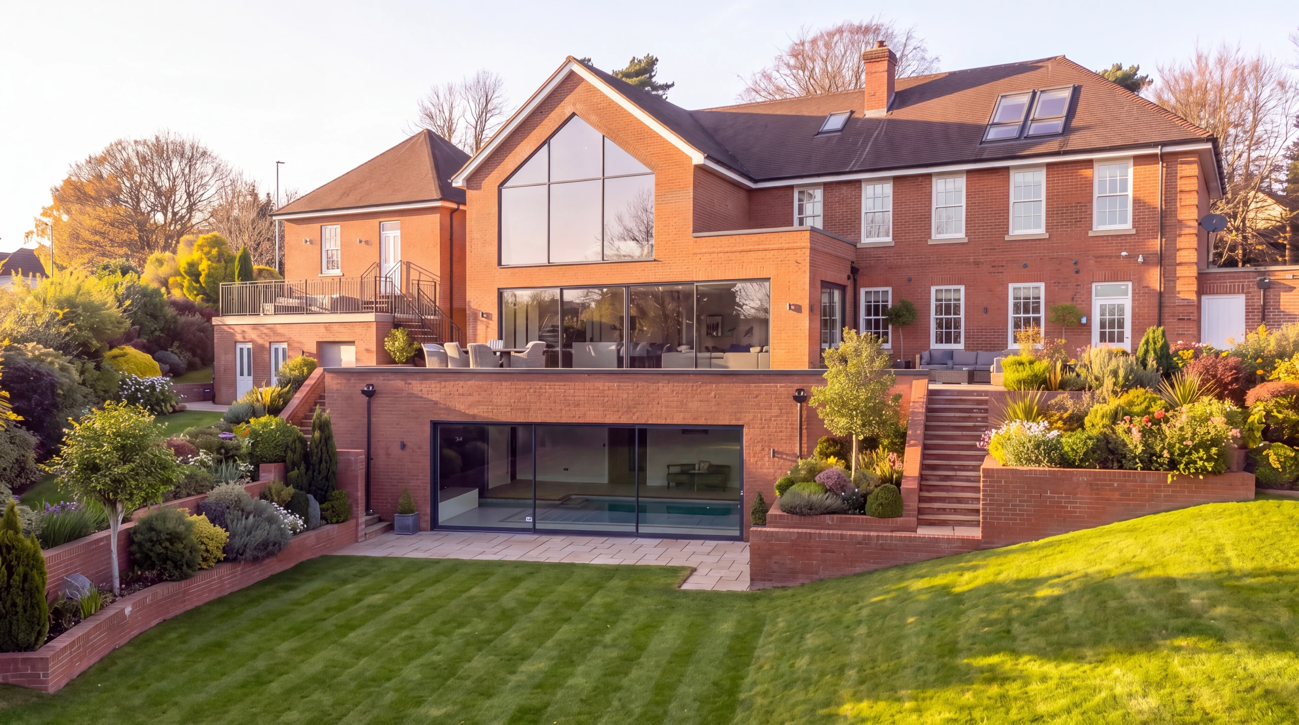 Garden view of the two storey side extension above the lower ground pool and gym at Keresforth Hall Road in Barnsley