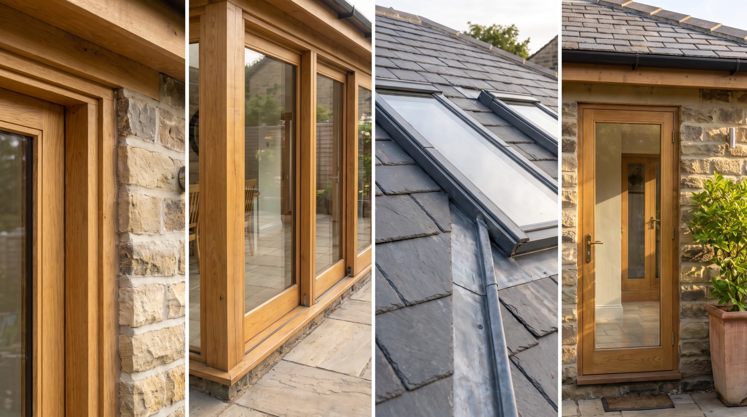 Oak doors, stonework and roof light details of the extension at Manchester Road in Millhouse Green