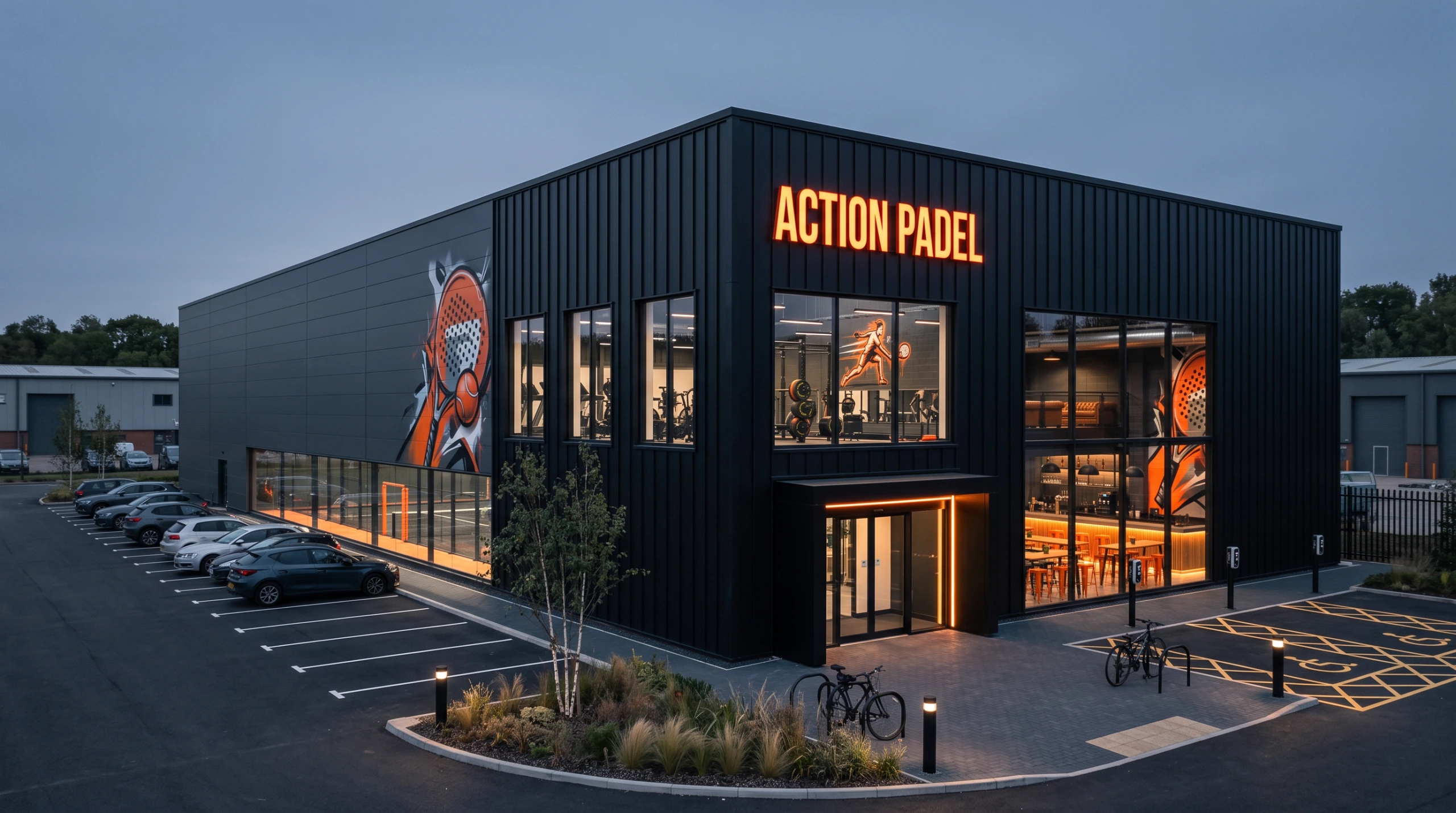 The New Build Padel Club in East Yorkshire at dusk, a black clad unit with a glazed entrance and parking on a business park