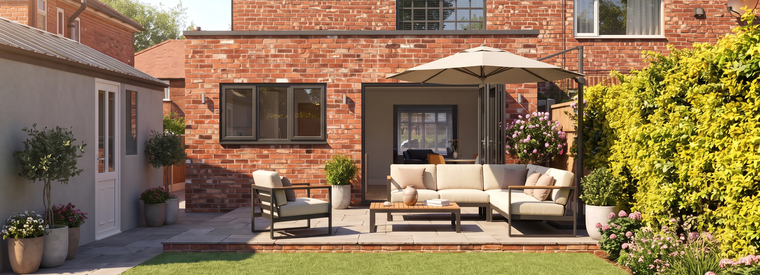 Single storey rear extension to a 1950s semi-detached house in East Didsbury, Manchester, with glazed doors opening onto the garden patio