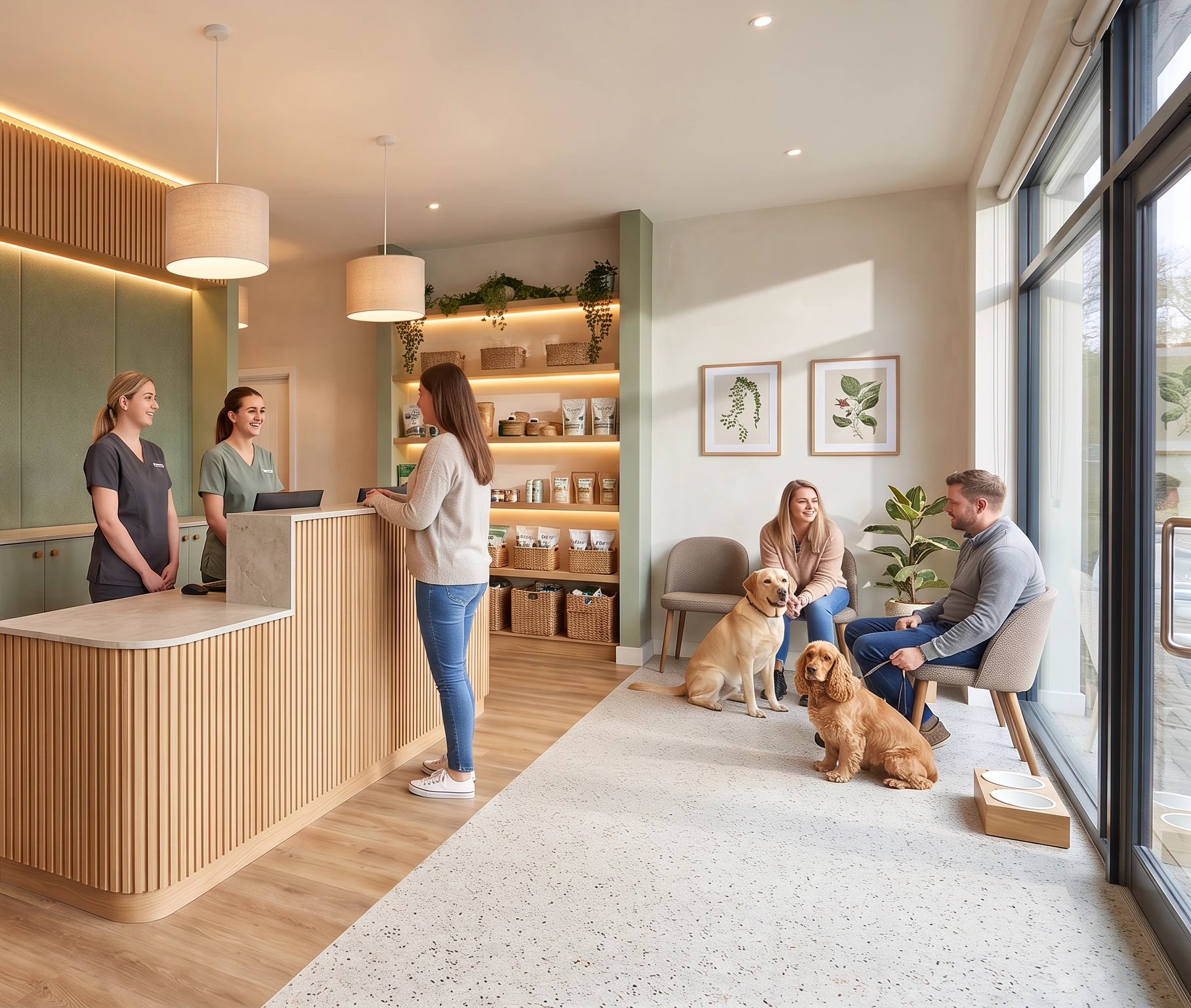 Reception and waiting area of a refurbished first opinion veterinary clinic in Kent