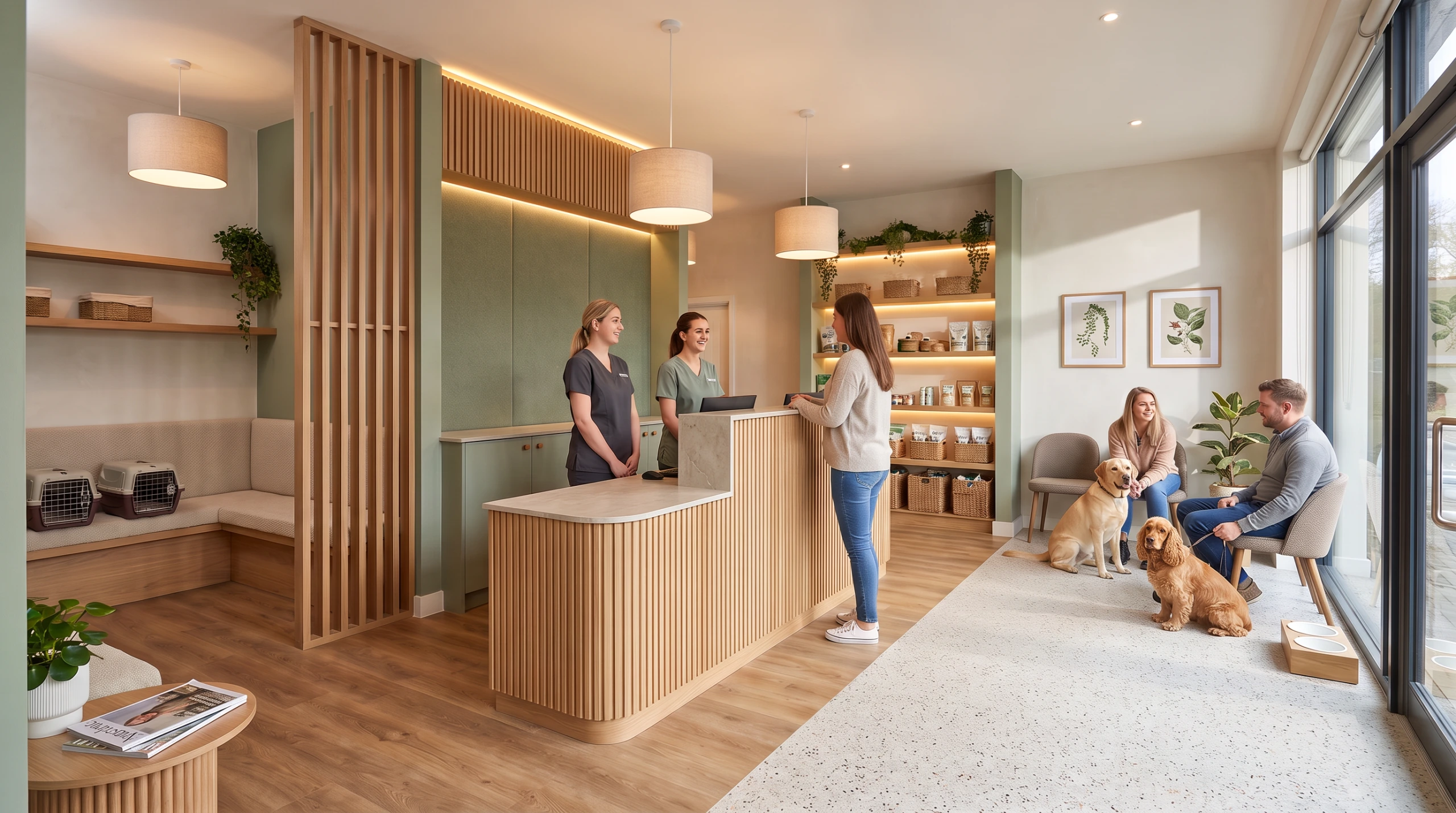Architectural and interior design for a veterinary practice refurbishment. Internal view of the reception and waiting area.