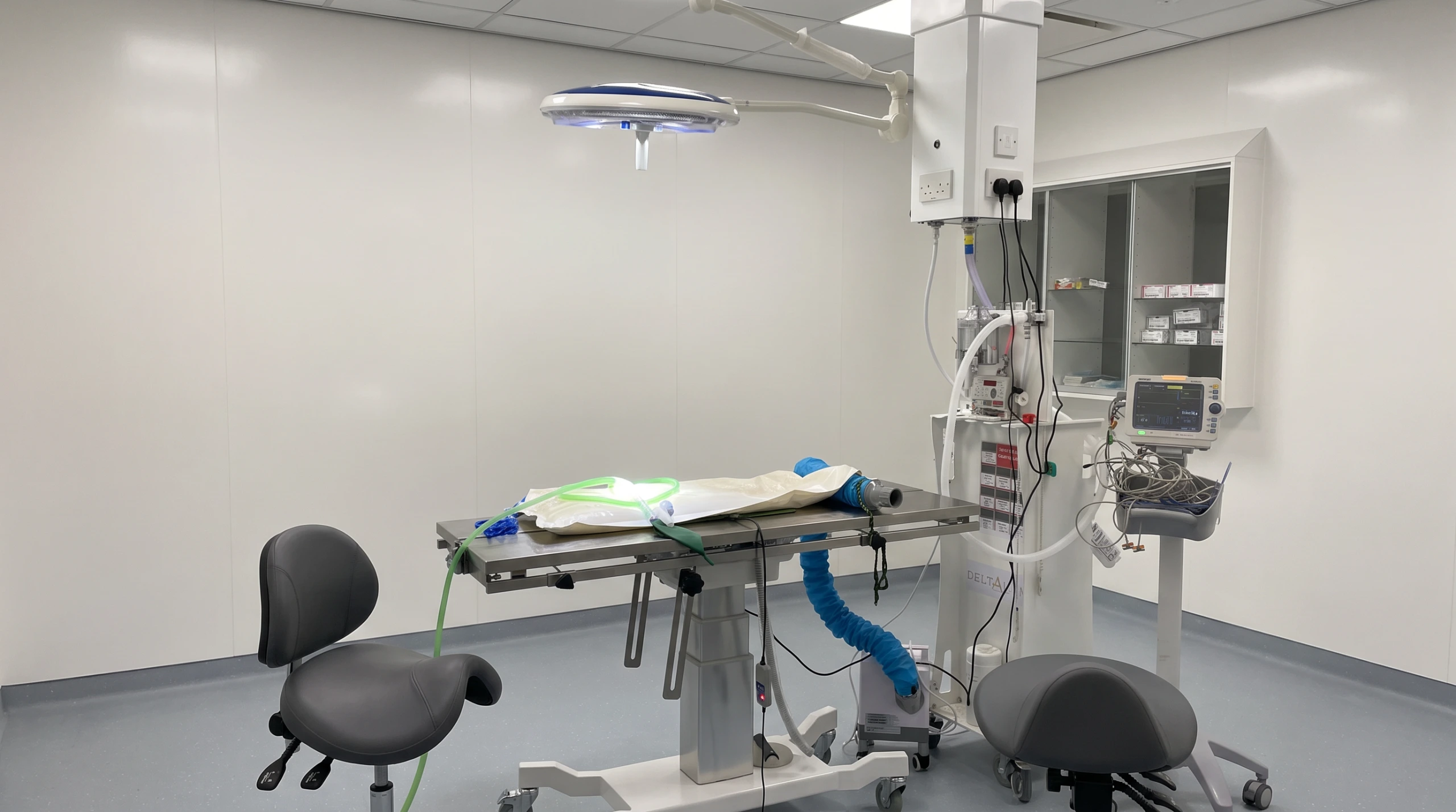 Architectural and interior design for a veterinary practice refurbishment. Internal view of an operating theatre.