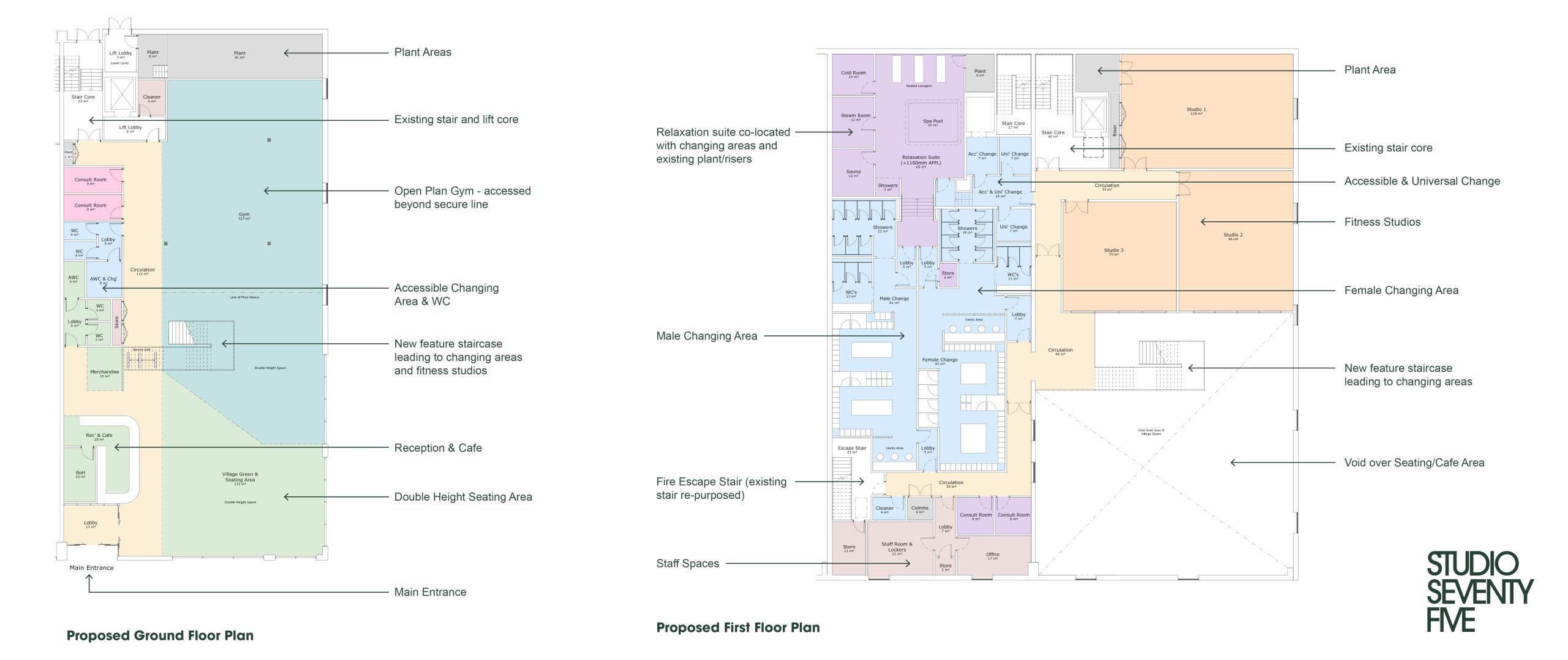 Floorplans for a new health club comprising of a gym, plunge pool, sauna, steam room and changing rooms.