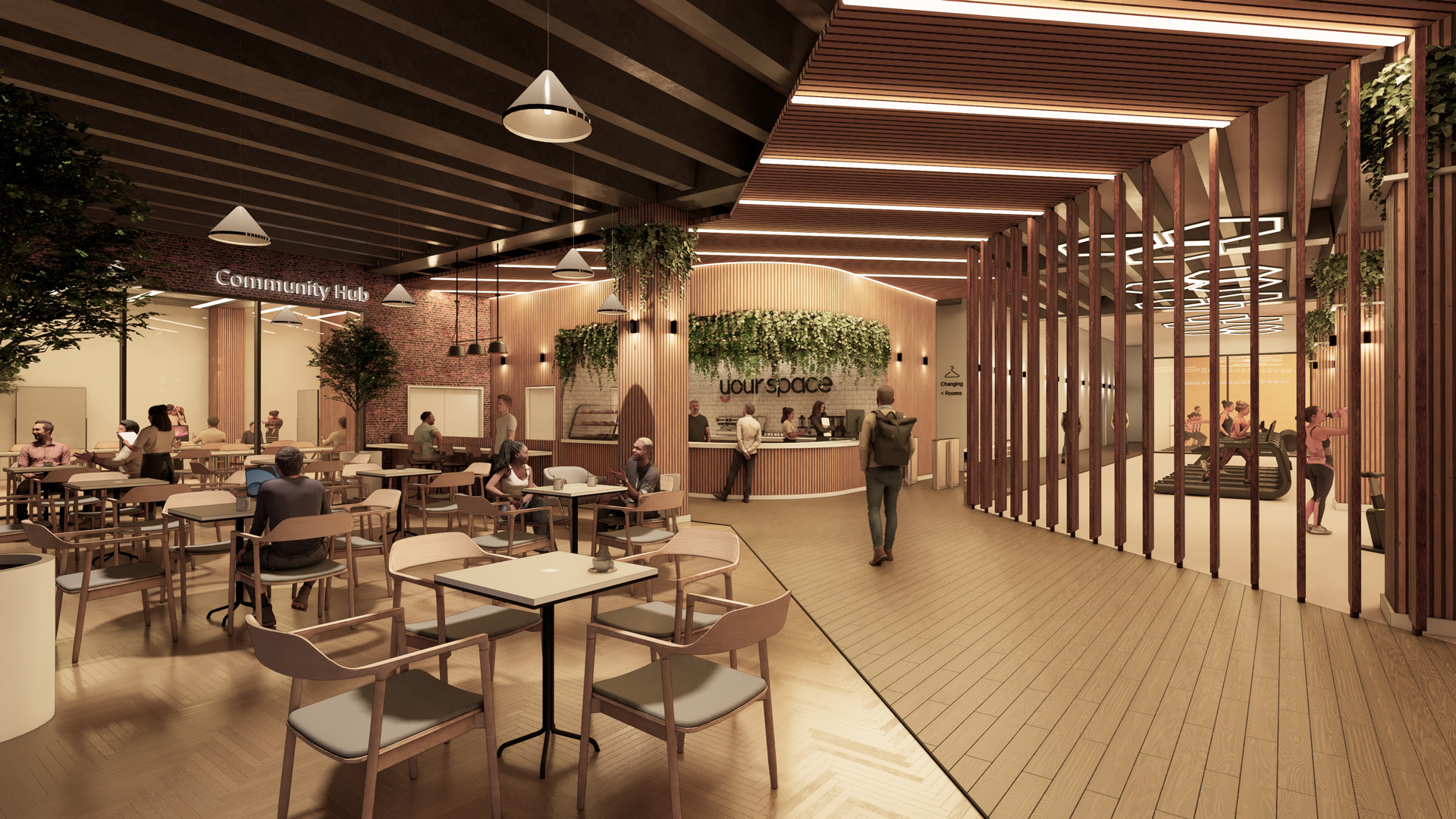Community hub cafe with timber slatted walls and a Your Space coffee counter at the Feel Good Hub, Barnsley