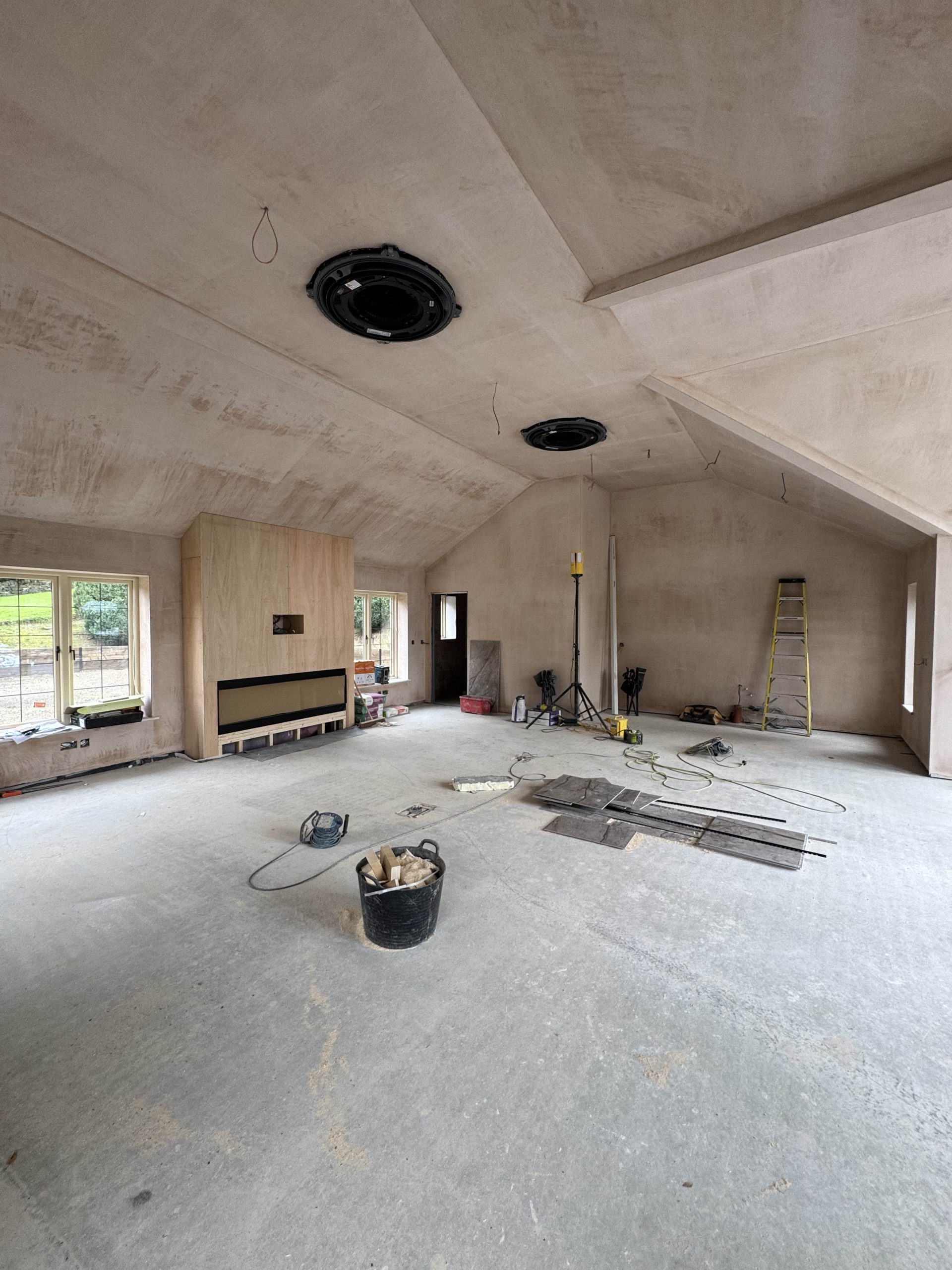 Internal view of a new oak frame garden room in Yorkshire during construction.