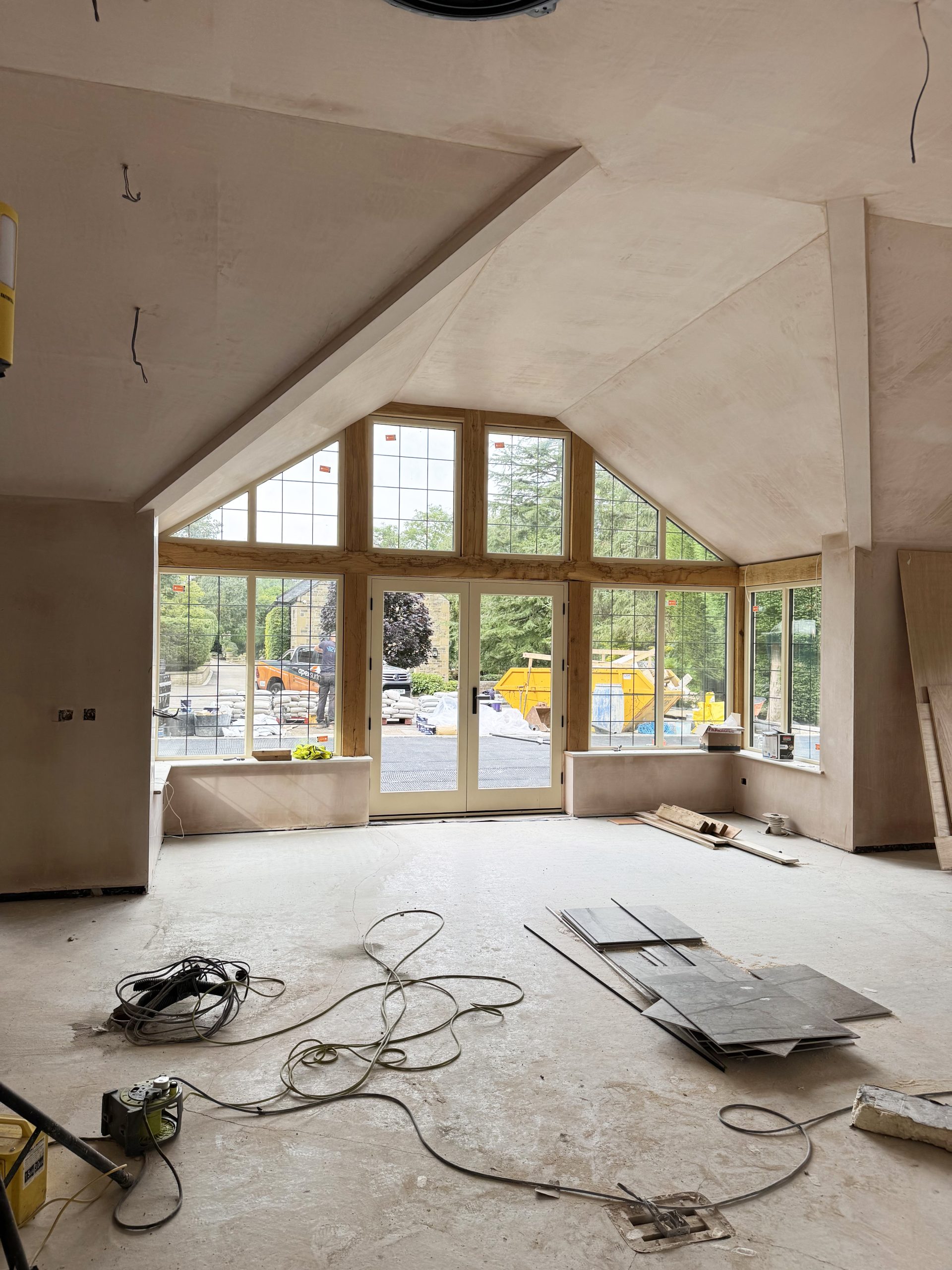 Internal view of a new oak frame garden room in Yorkshire during construction.