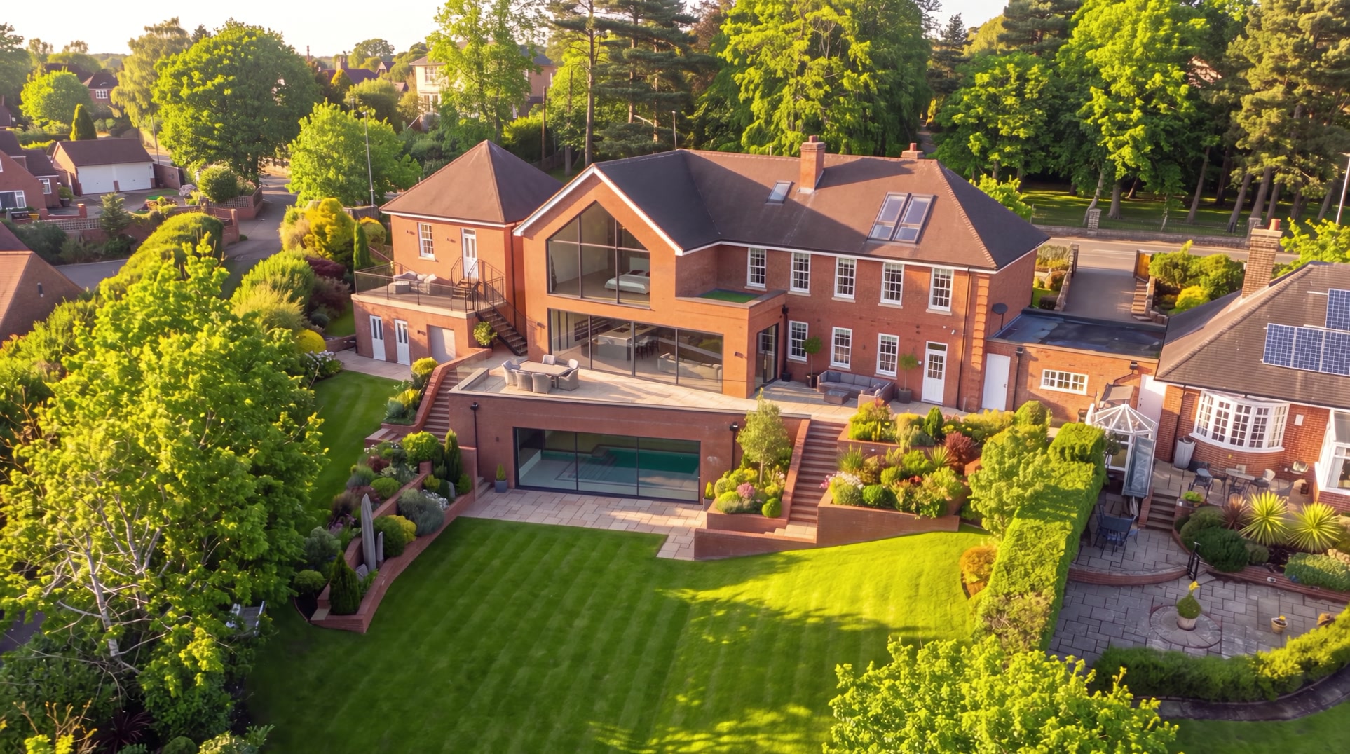 Aerial visualisation of Keresforth Hall Road in Barnsley, a family home with a two storey side extension and a lower ground swimming pool built into the hillside