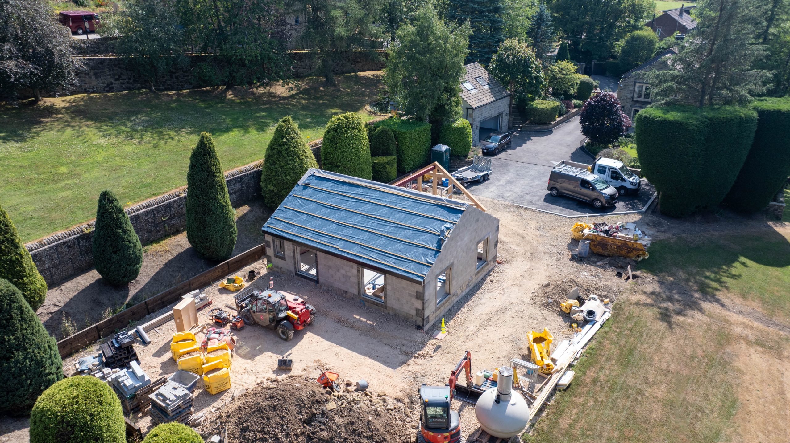 Aerial view of the new garden room in Thurlstone during construction.