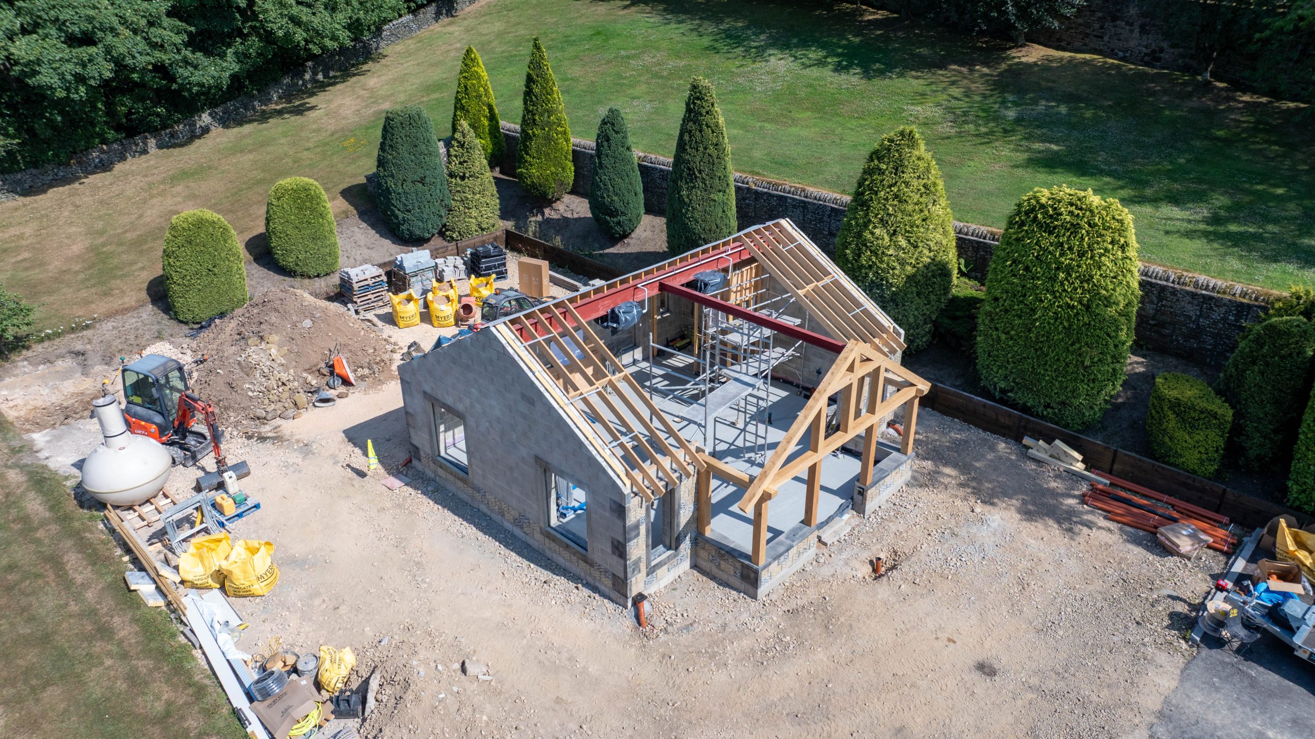 Aerial view of the new garden room in Thurlstone during construction.