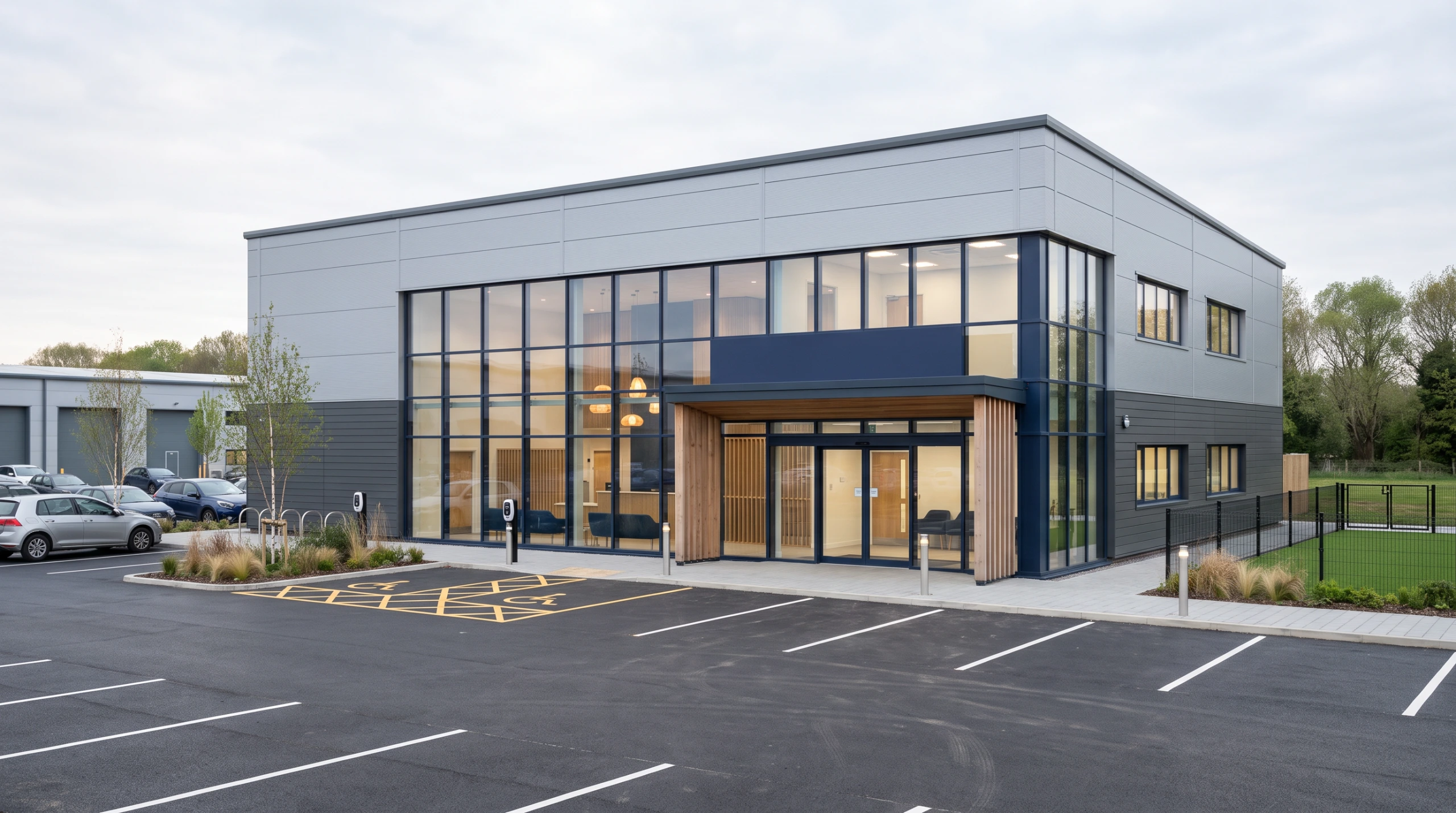 Architectural design services for a new build veterinary hospital. External view of the veterinary hospital.