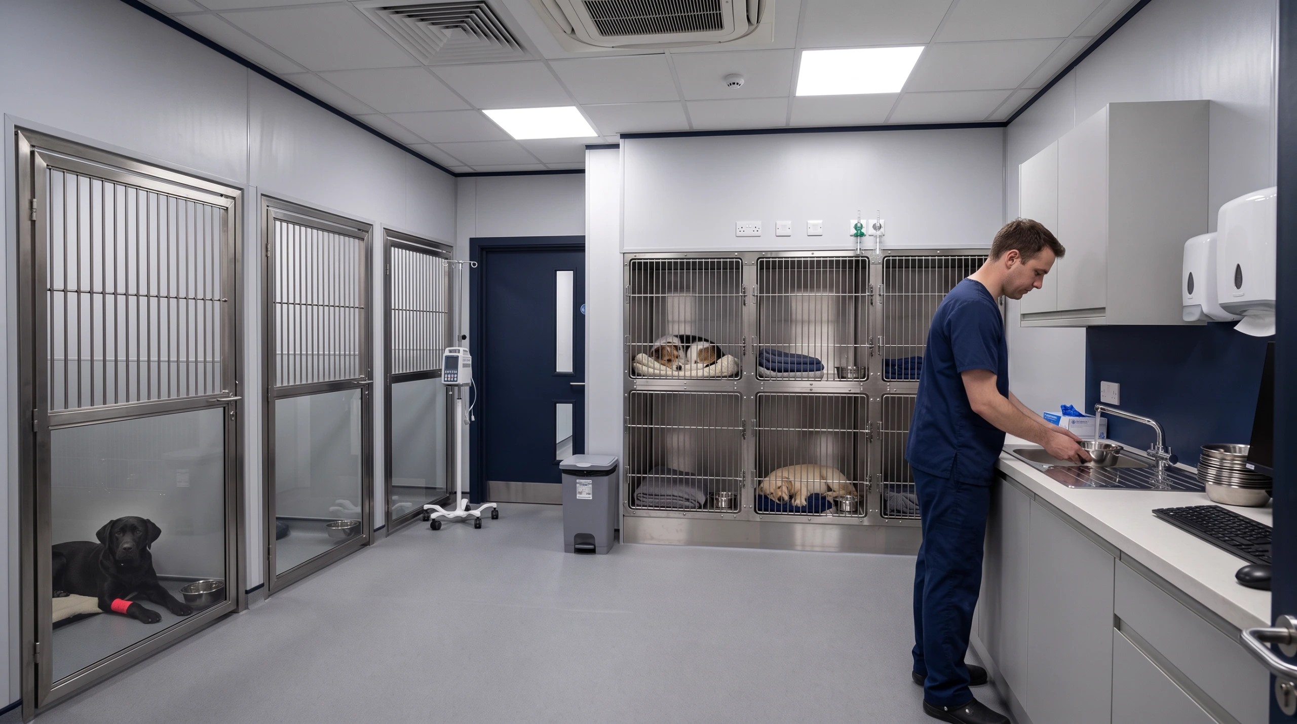 Architectural design services for a new build veterinary hospital. Image of the dog ward.