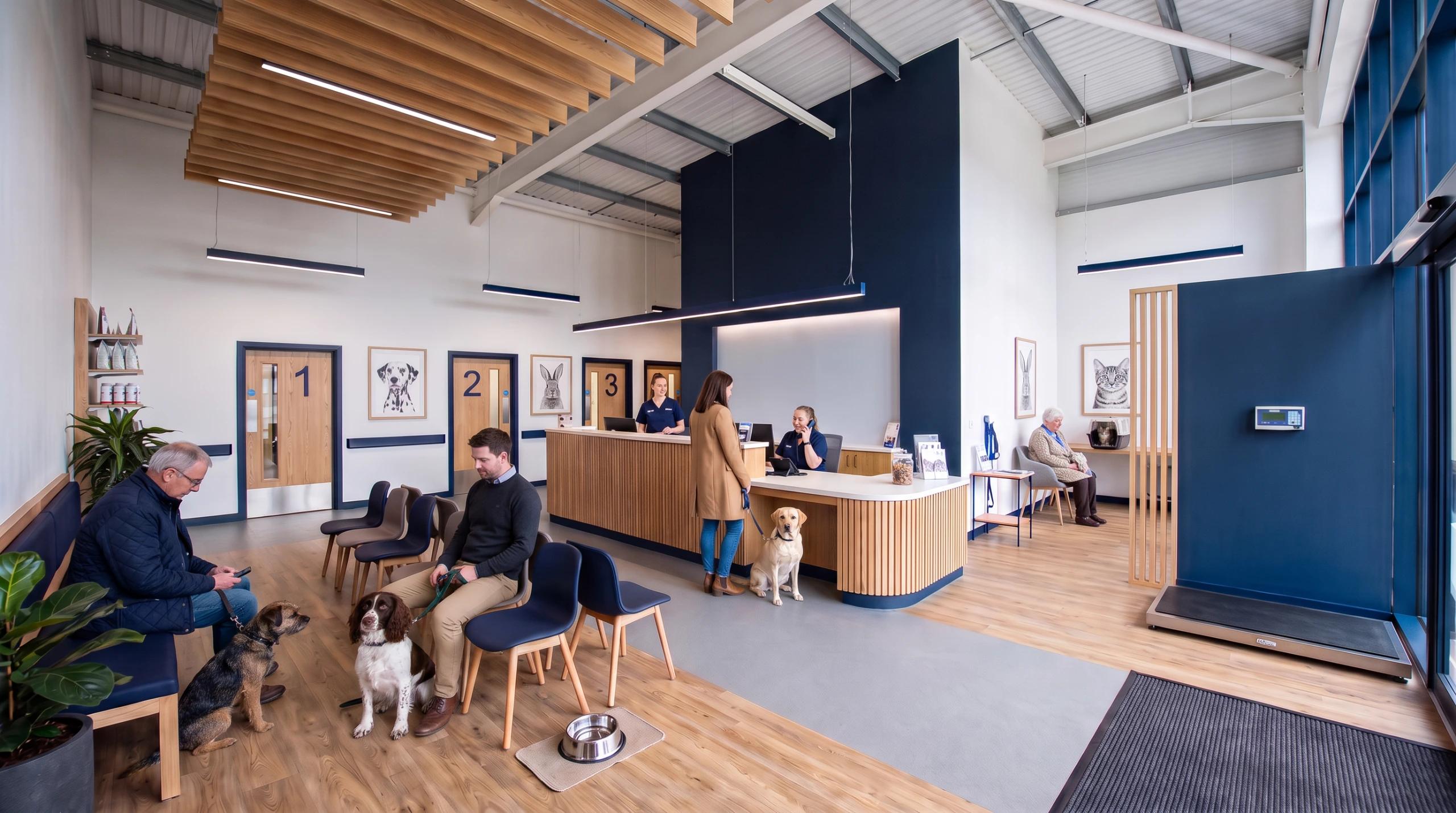 Architectural design services for a new build veterinary hospital. Image of the reception and waiting area.