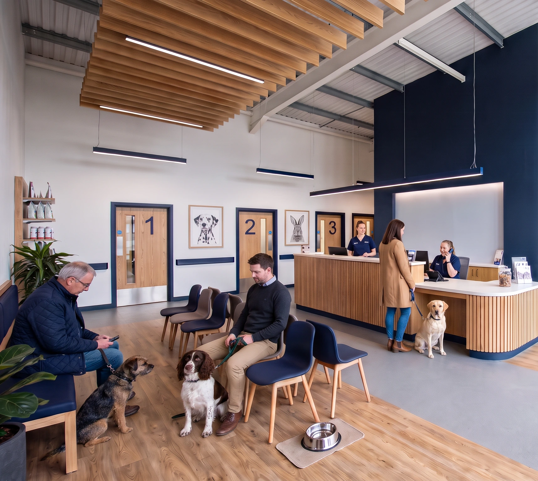 Reception and waiting area of a new build veterinary hospital in the West Midlands