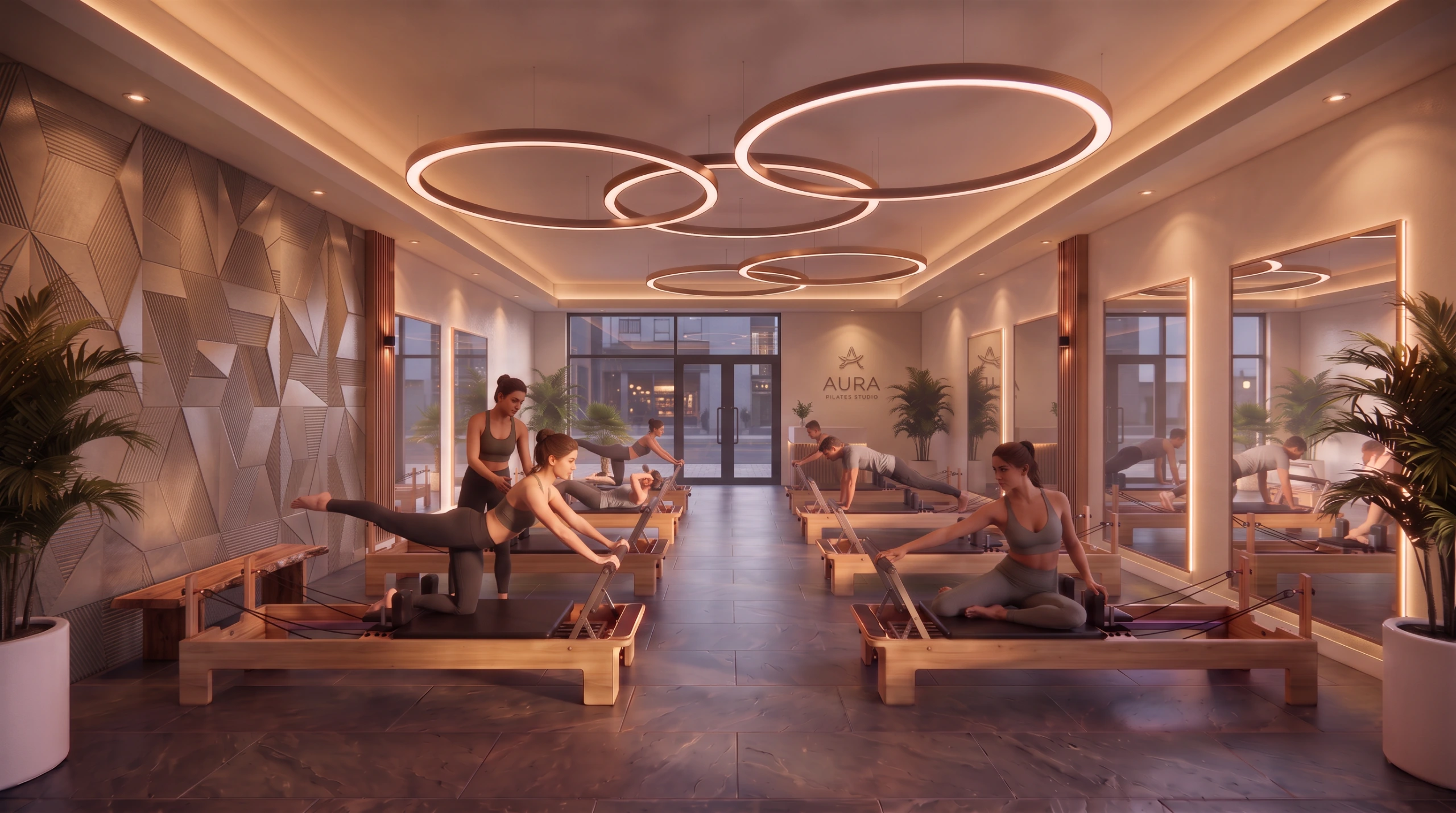 An image showing the interior design of a reformer pilates studio