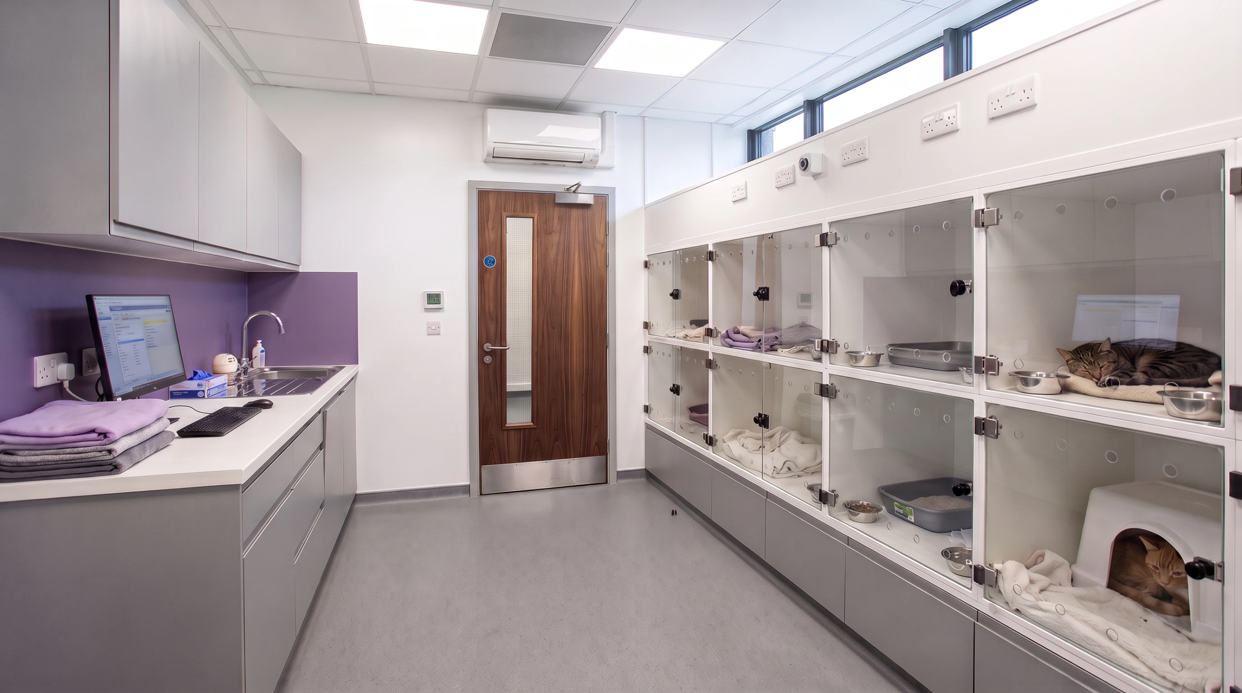 Architectural and interior design for a veterinary practice refurbishment. Internal view of the cat ward.