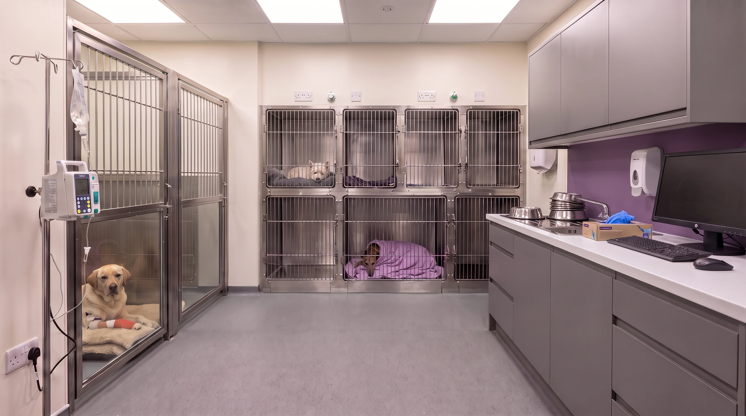 Architectural and interior design for a veterinary practice refurbishment. Internal view of the dog ward.