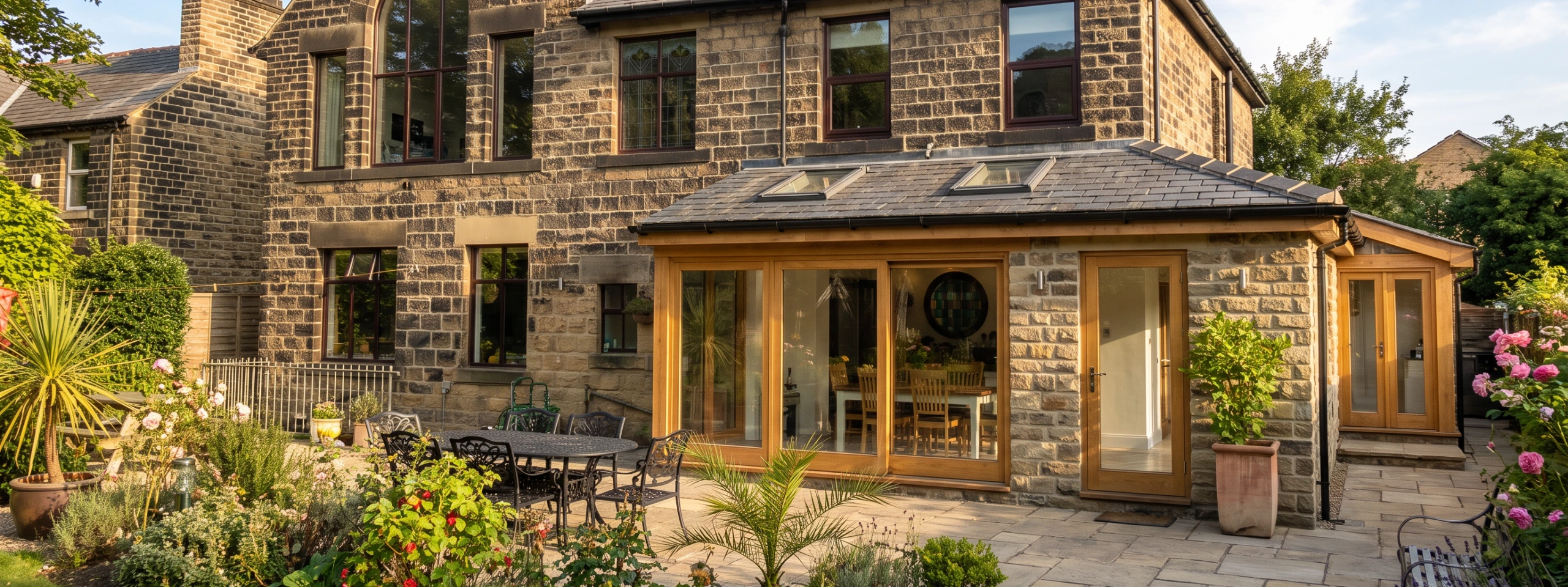 Single storey wrap around extension with oak framed glazing and a slate roof on a stone period property in Millhouse Green