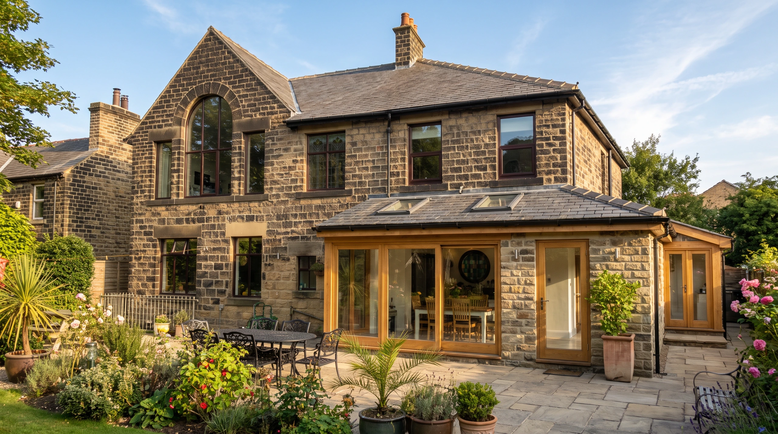 Photograph of a wrap around extension with natural stone and slate.