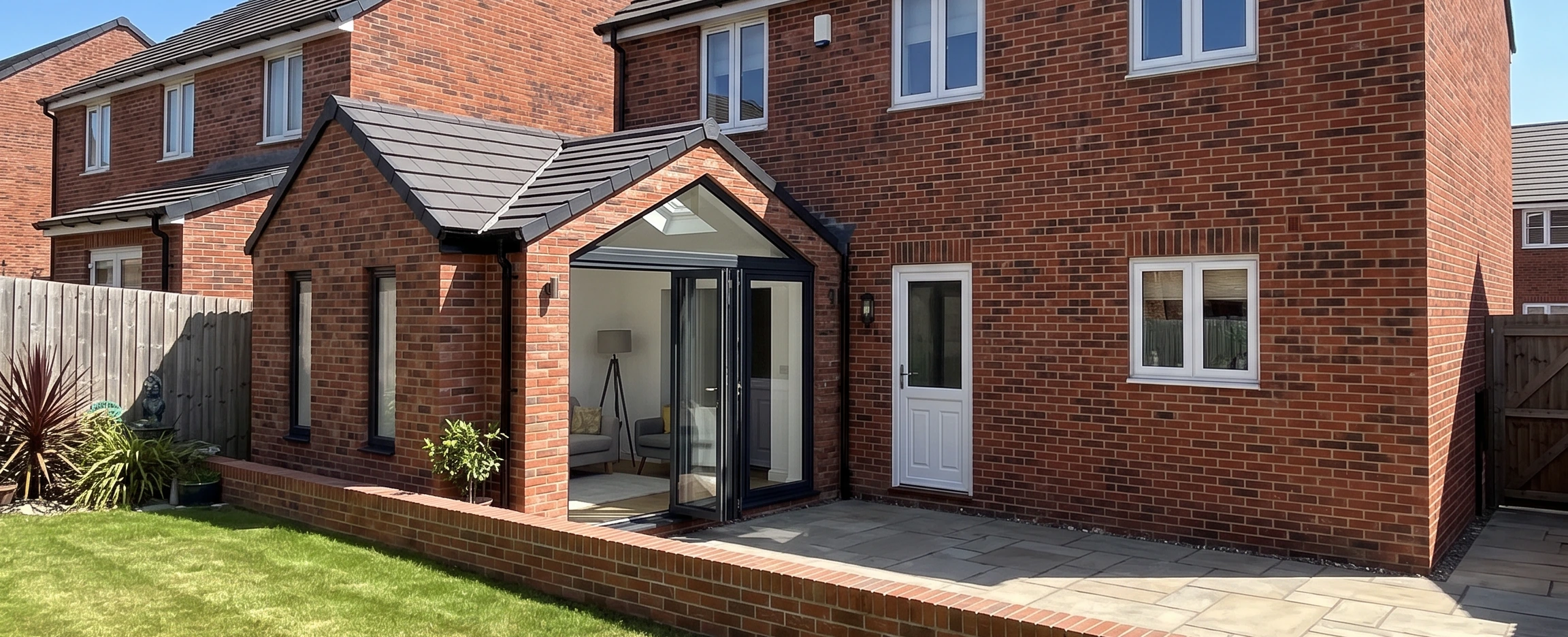 Single storey rear extension with a pitched tiled roof and glazed folding doors onto the patio of a red brick house in Wombwell, Barnsley
