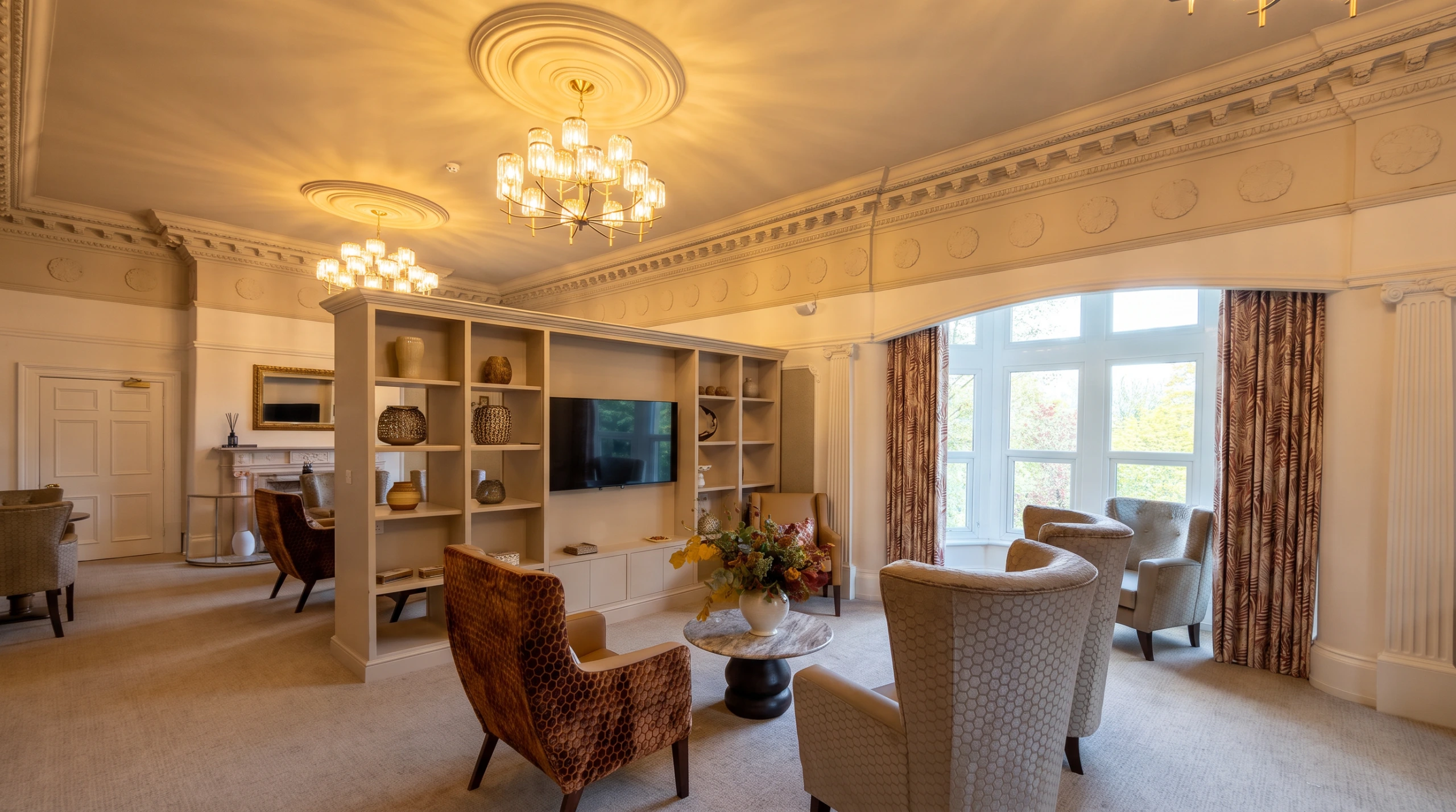 Lounge at Verbeia Grange Residential Home in Ilkley with armchairs, shelving and chandeliers