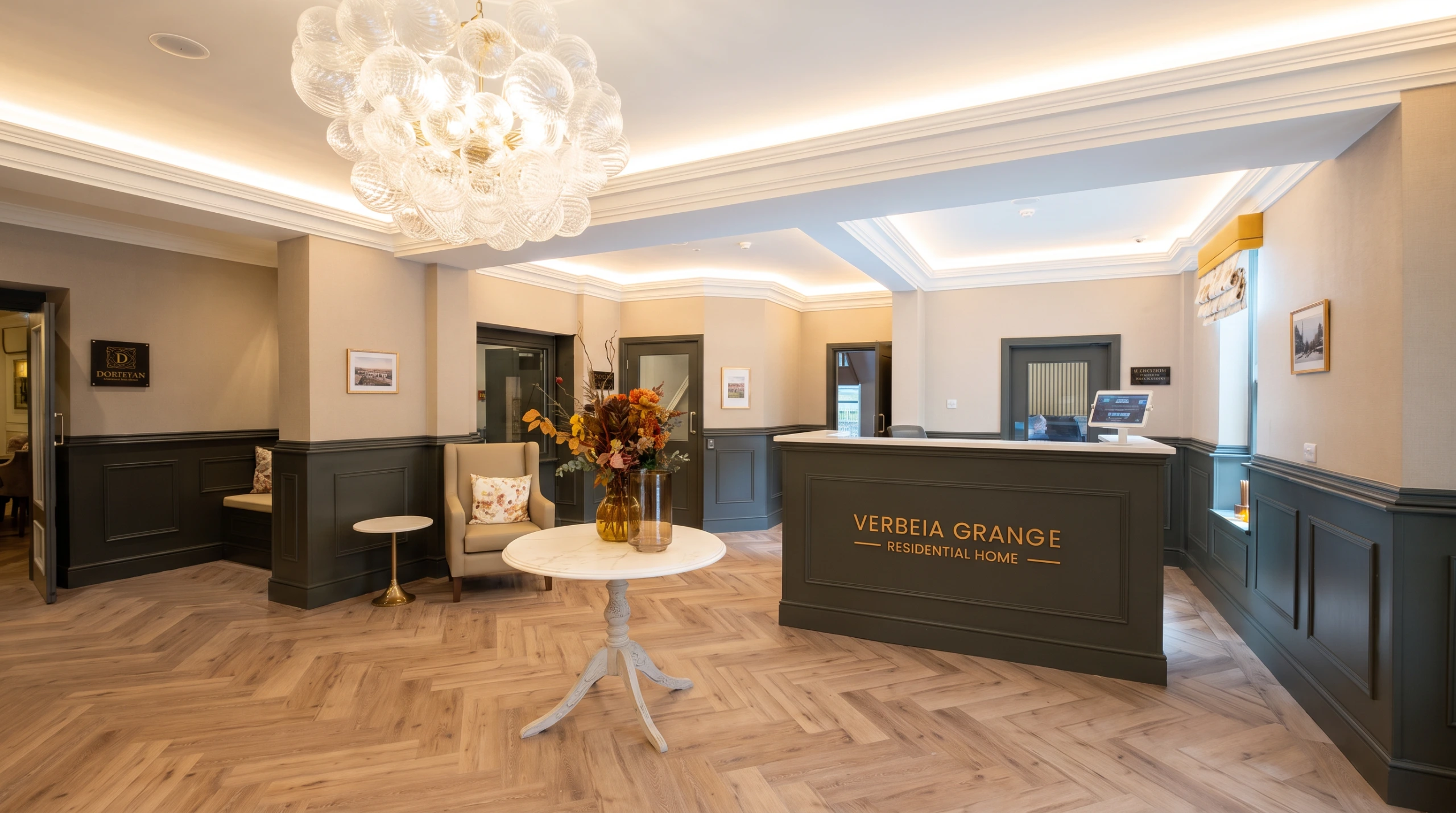 Architectural design services for the refurbishment of a residential care home in Ilkley. Photograph of the reception area.
