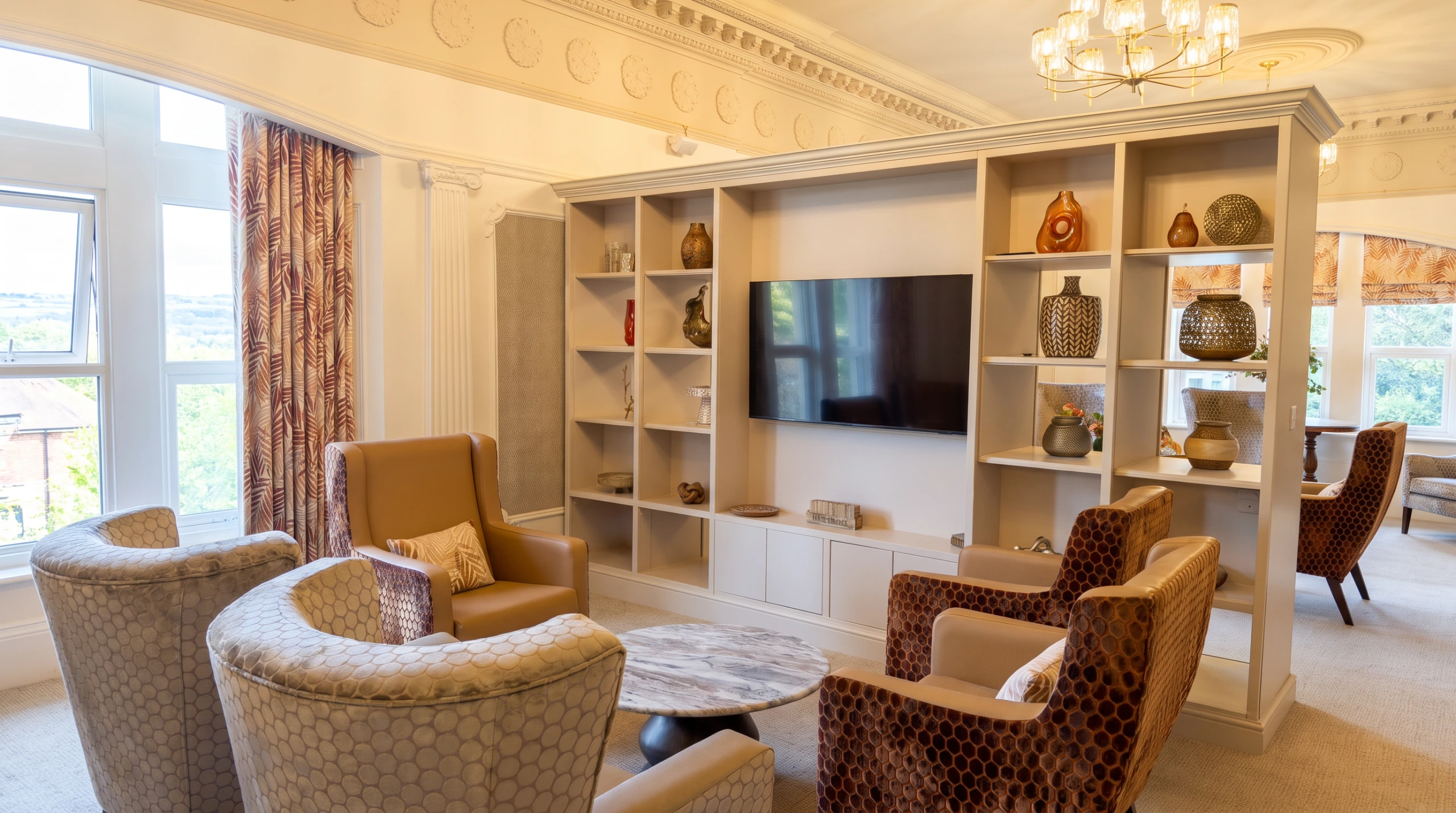 Architectural design services for the refurbishment of a residential care home in Ilkley. Photograph of a lounge.